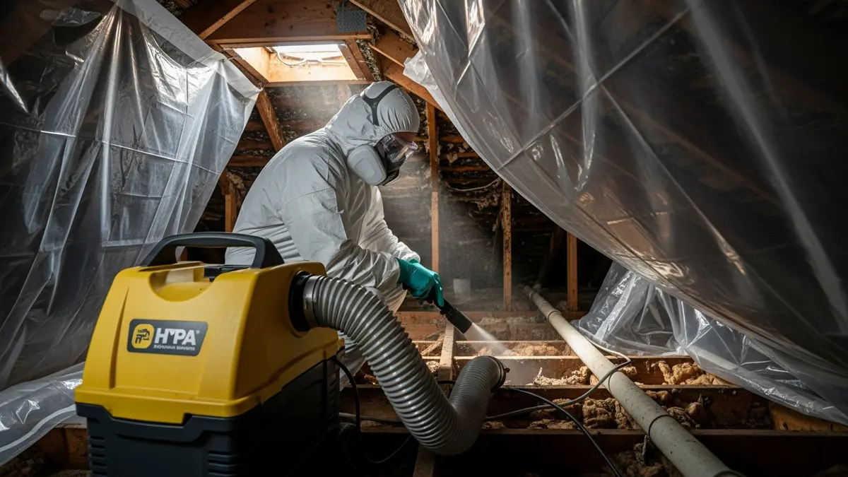 Professional mold remediation worker in Tyvek suit working in an attic with containment barriers and HEPA equipment